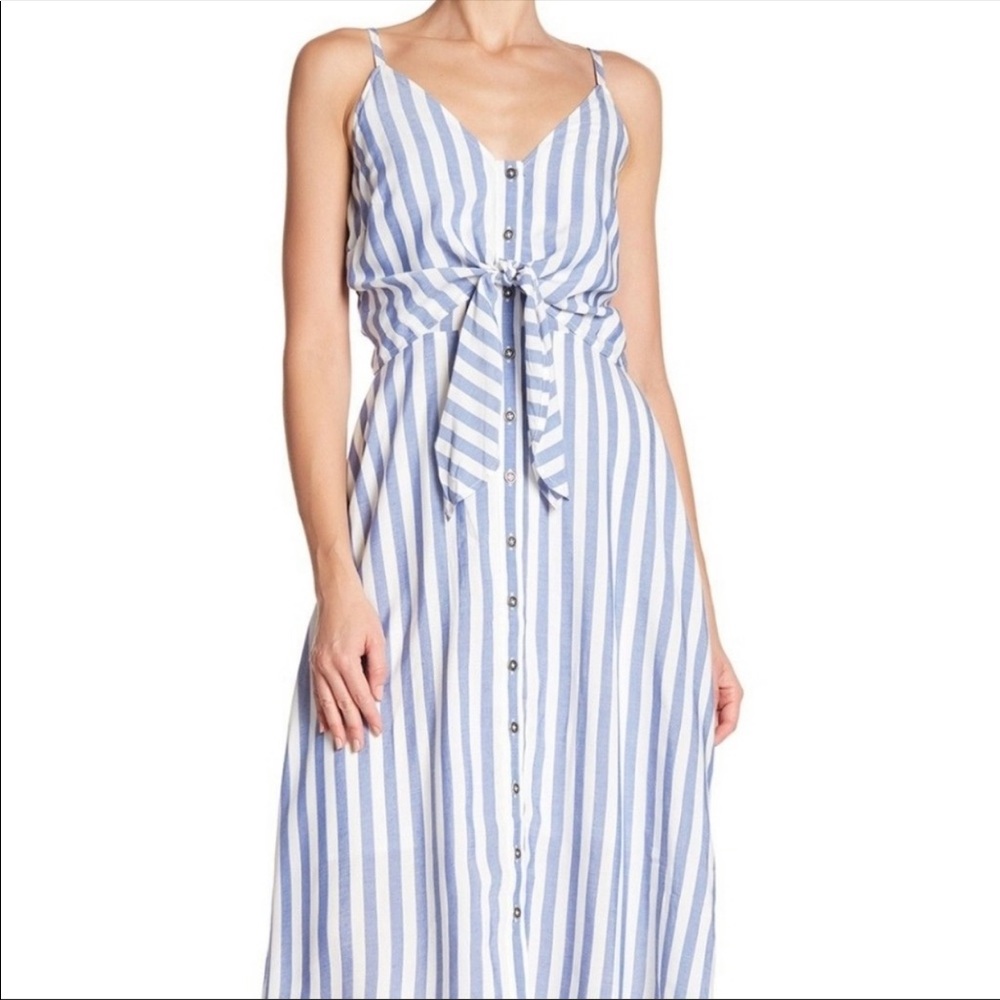 Blue striped button down vneck midi dress
